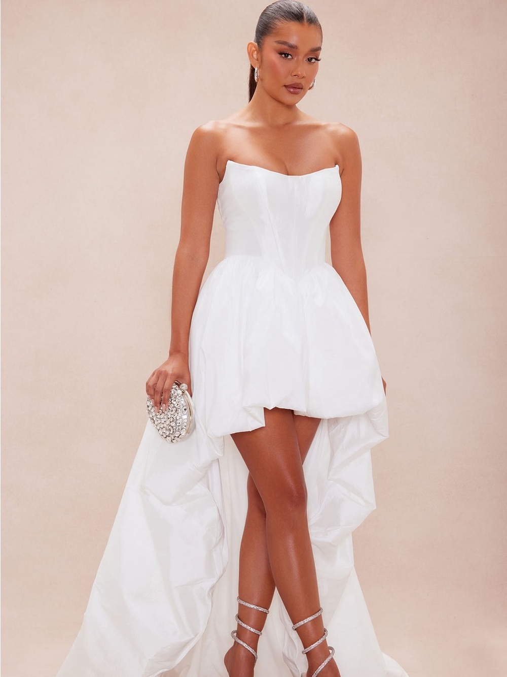 Nova Luxe Strapless Bridal White Taffeta High-Low Dress, Size M